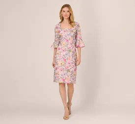 Floral Embroidered Sheath Dress With Three Quarter Bell Sleeves In Blush Multi