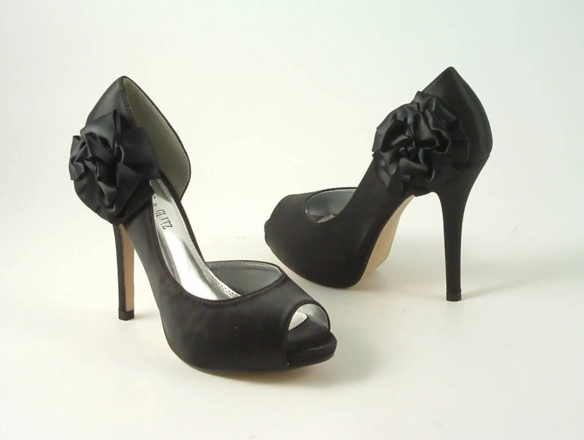 Glitz Shoes Satin Flowered Peep Toe High Heel Court Shoe