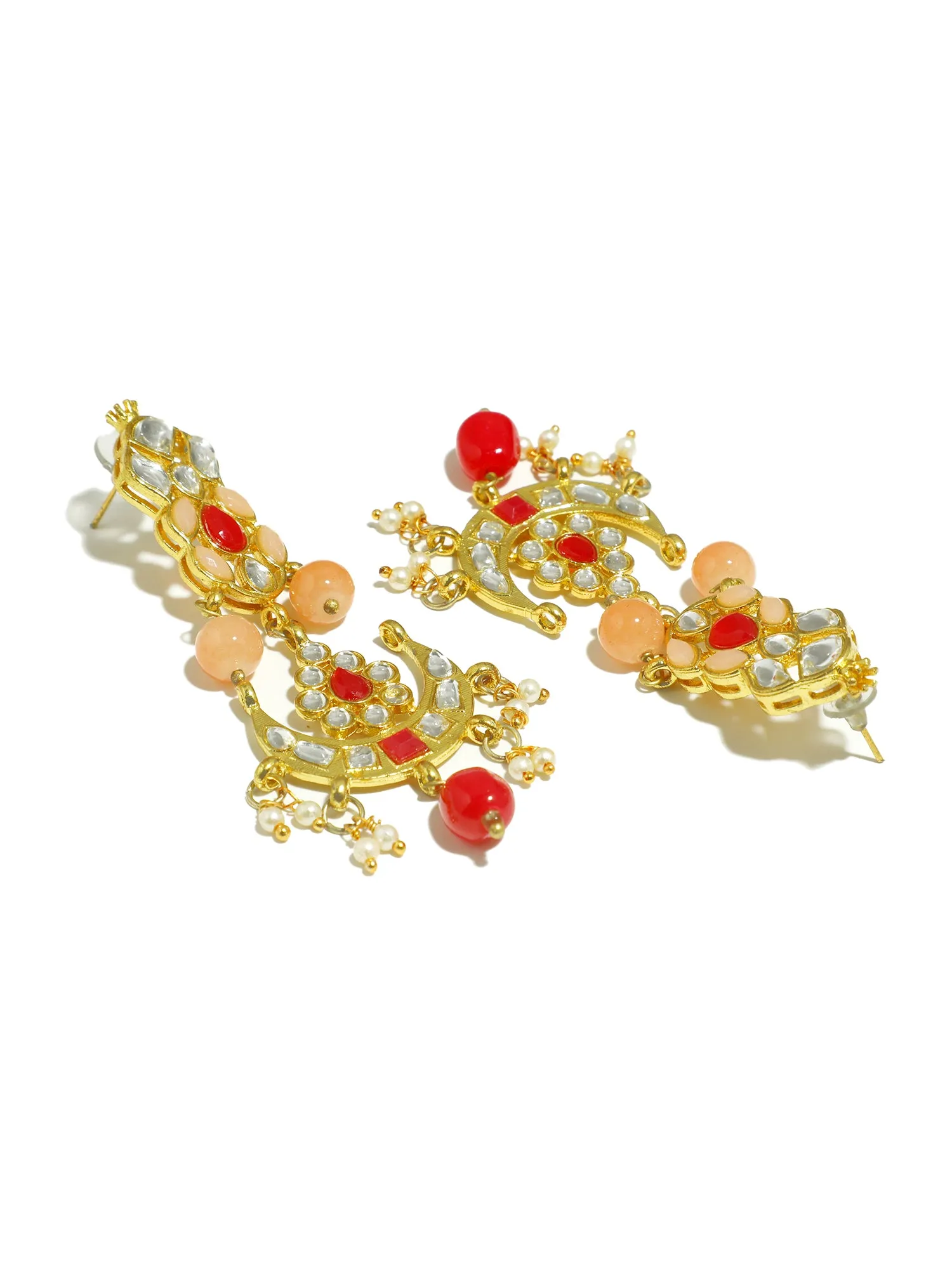 Gold Plated Peach and Red Beads Kundan Dangler Earrings for Women