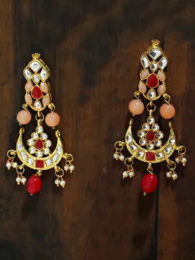 Gold Plated Peach and Red Beads Kundan Dangler Earrings for Women