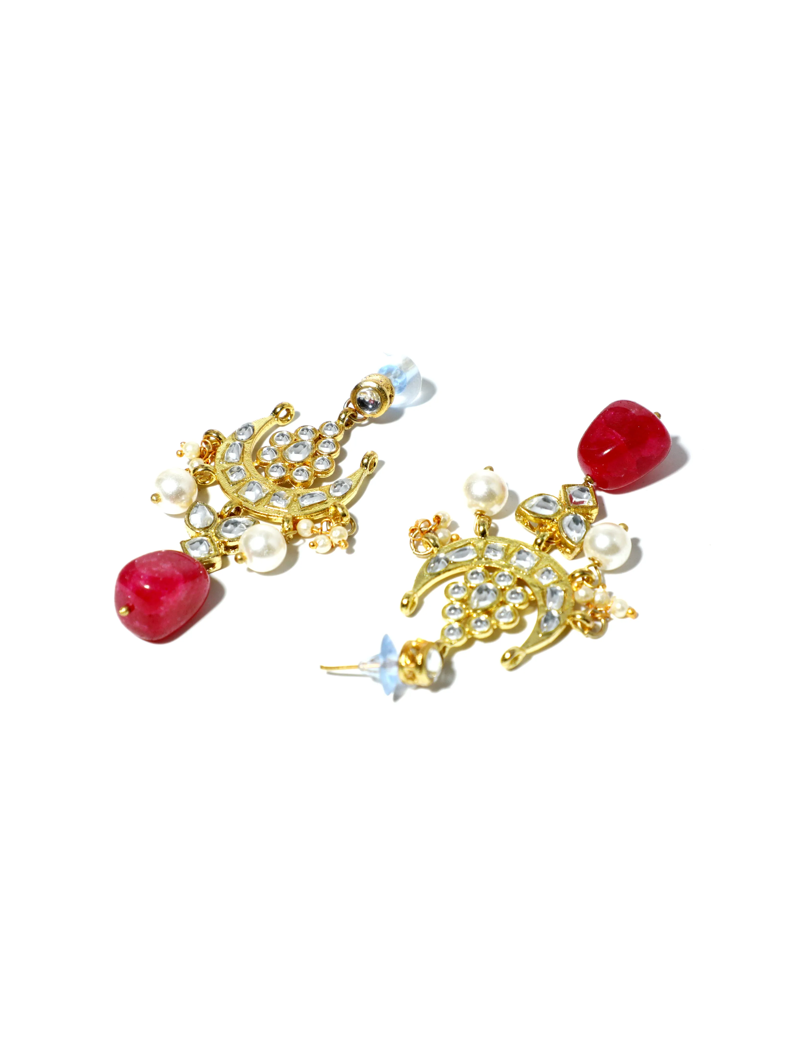 Gold Plated Red Bead Kundan Dangler Earrings