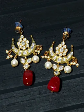 Gold Plated Red Bead Kundan Dangler Earrings