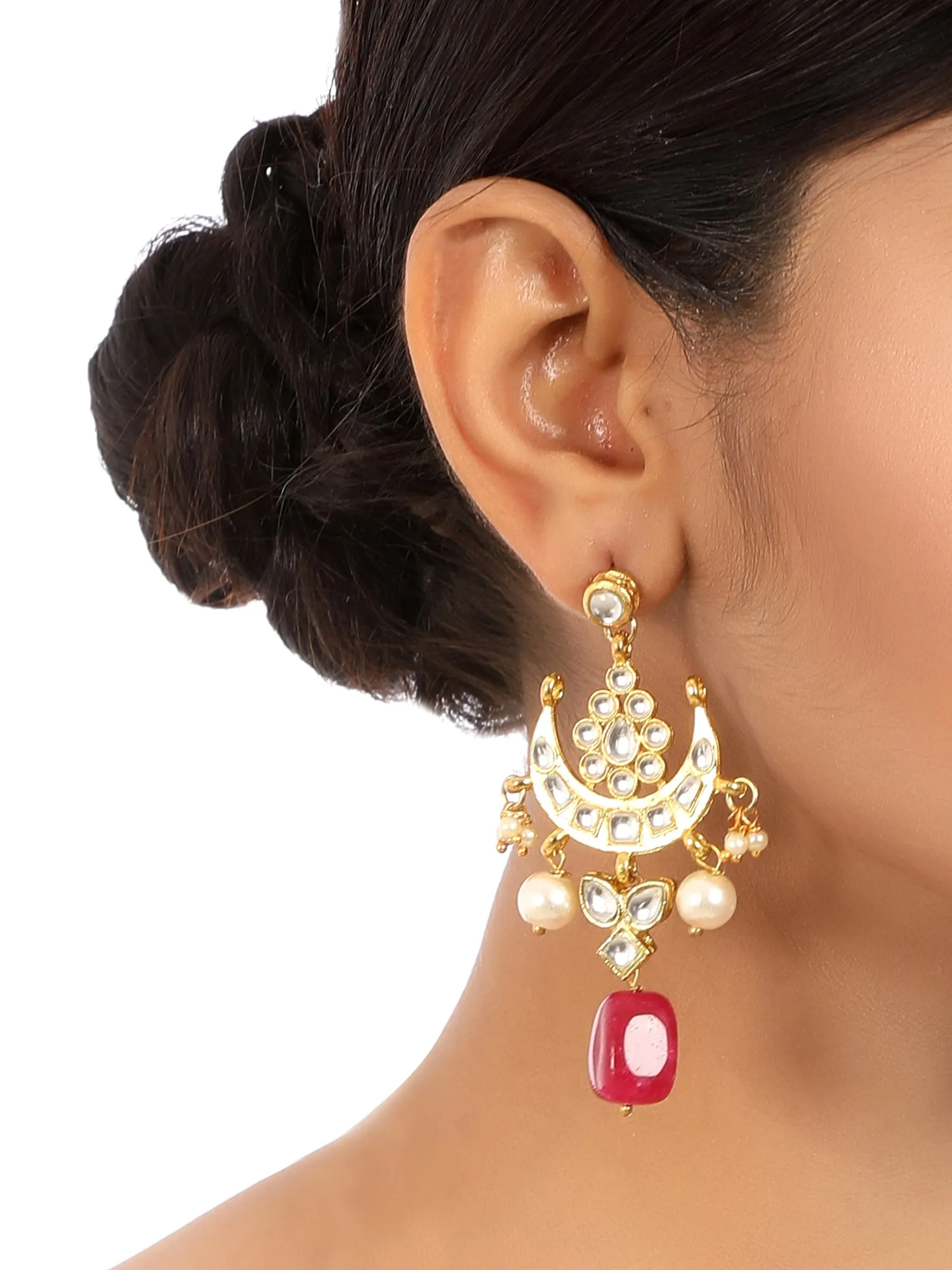 Gold Plated Red Bead Kundan Dangler Earrings