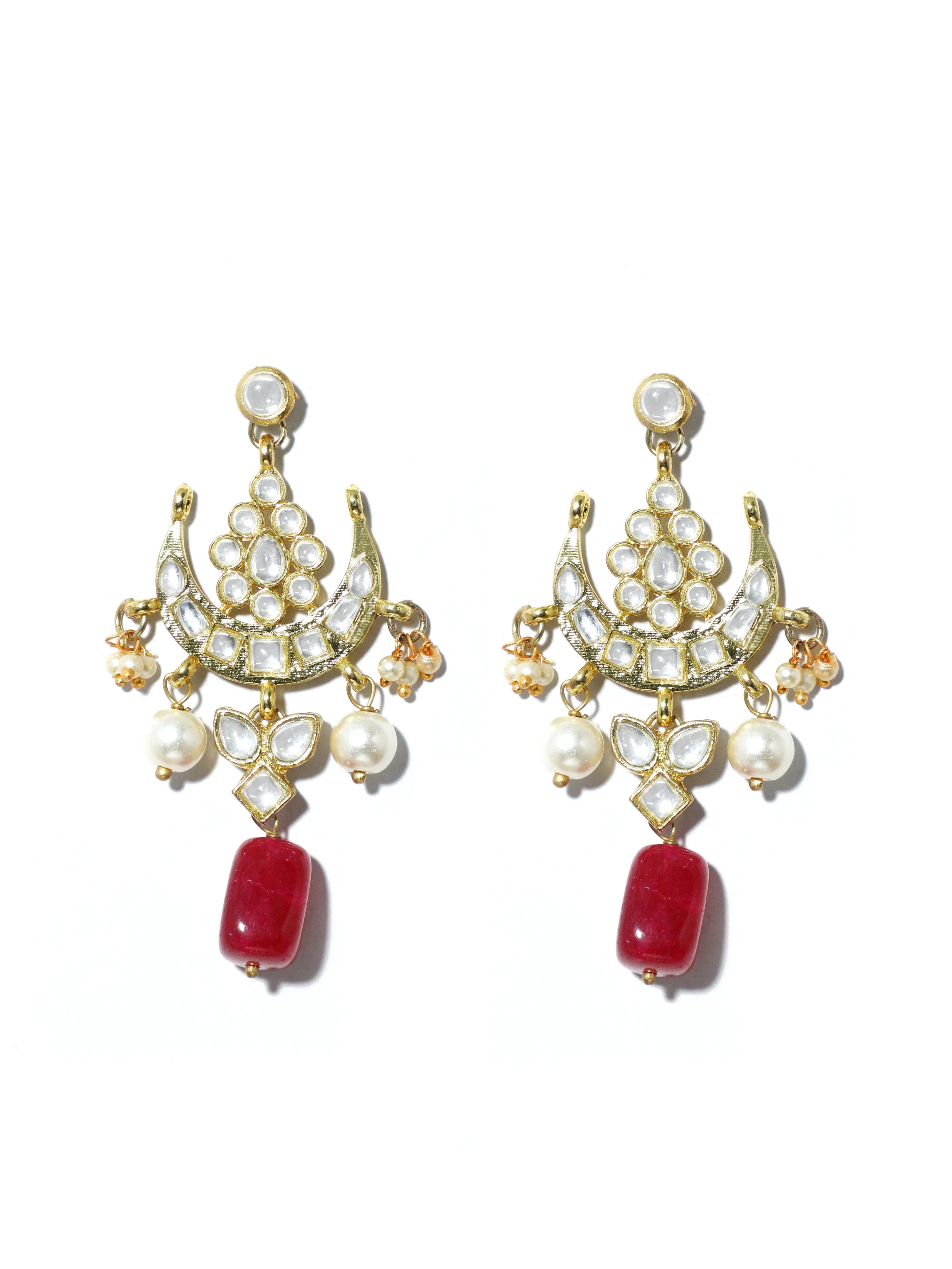 Gold Plated Red Bead Kundan Dangler Earrings