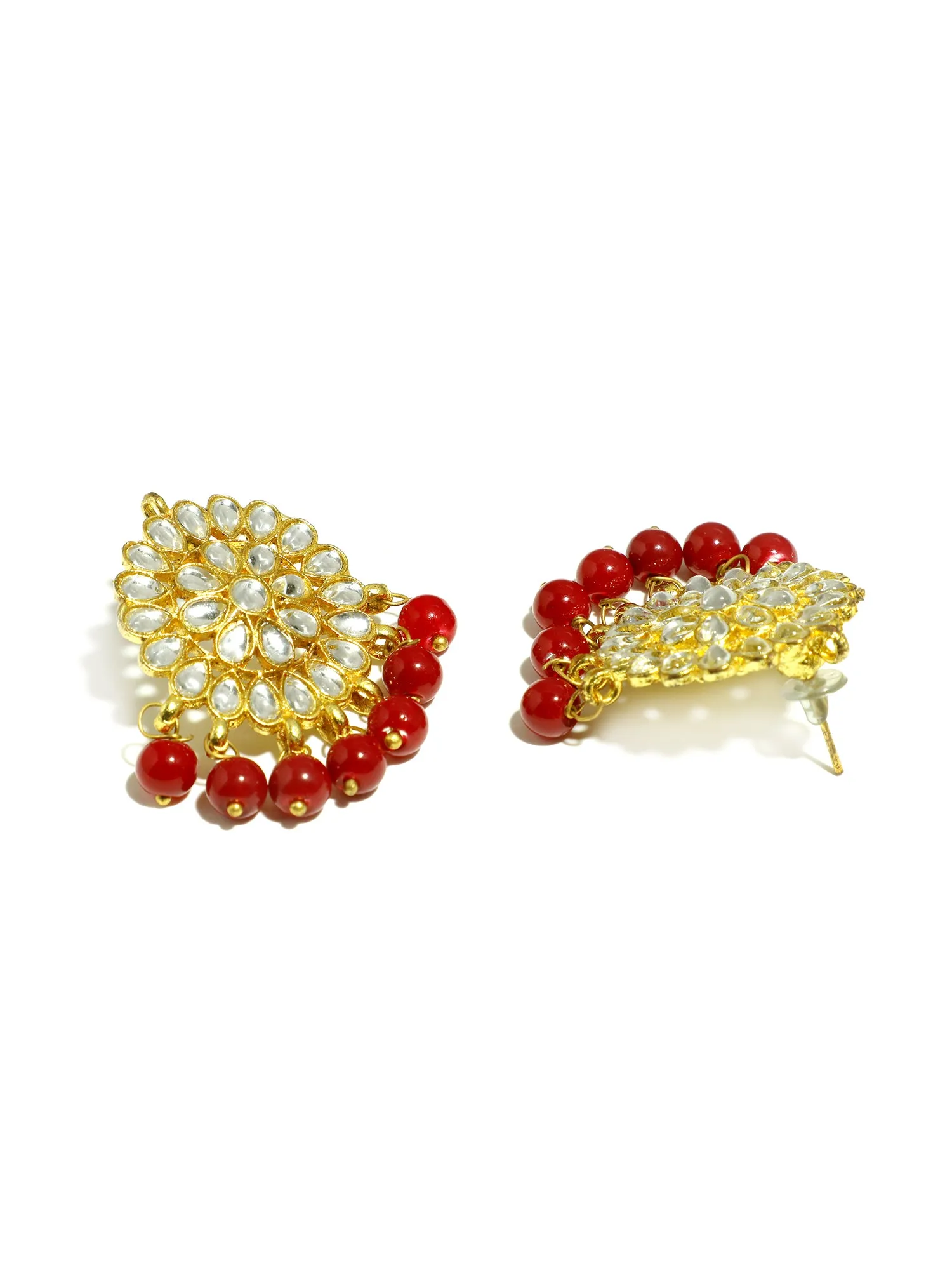 Gold Plated Red Beads Kundan Dangler Earrings for Women