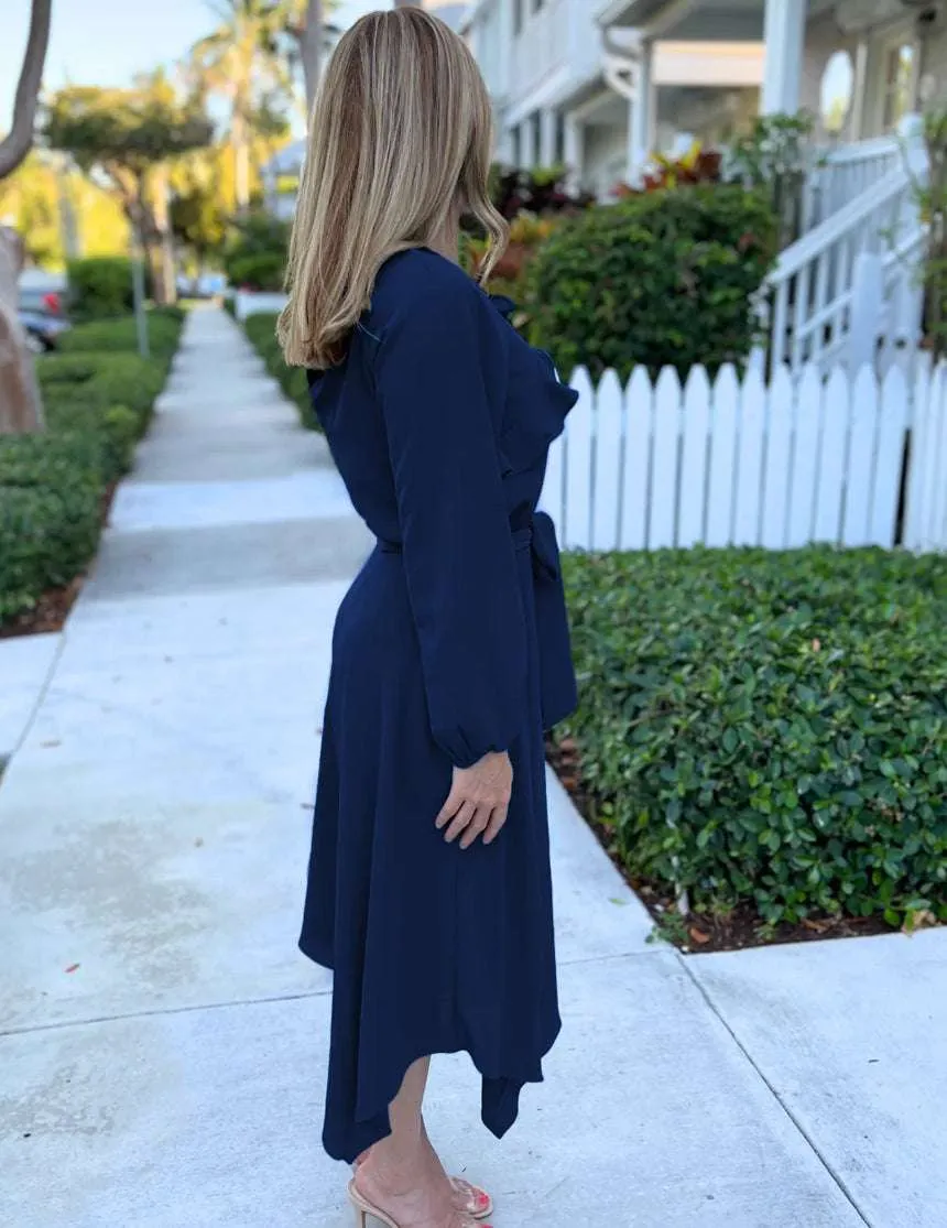 Long Sleeve Crepe Belted Midi Dress | Navy 2.0