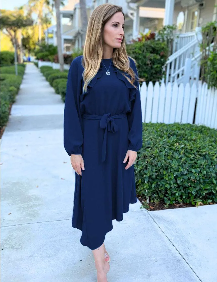 Long Sleeve Crepe Belted Midi Dress | Navy 2.0