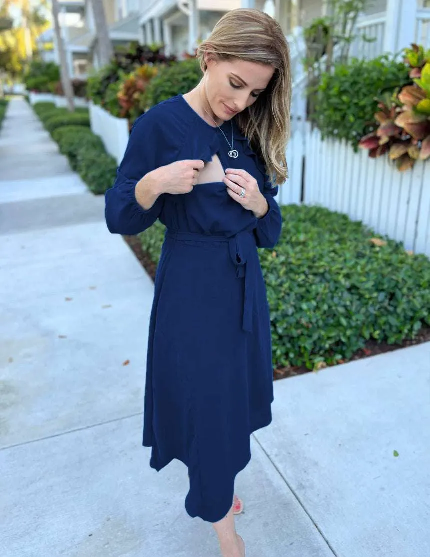 Long Sleeve Crepe Belted Midi Dress | Navy 2.0