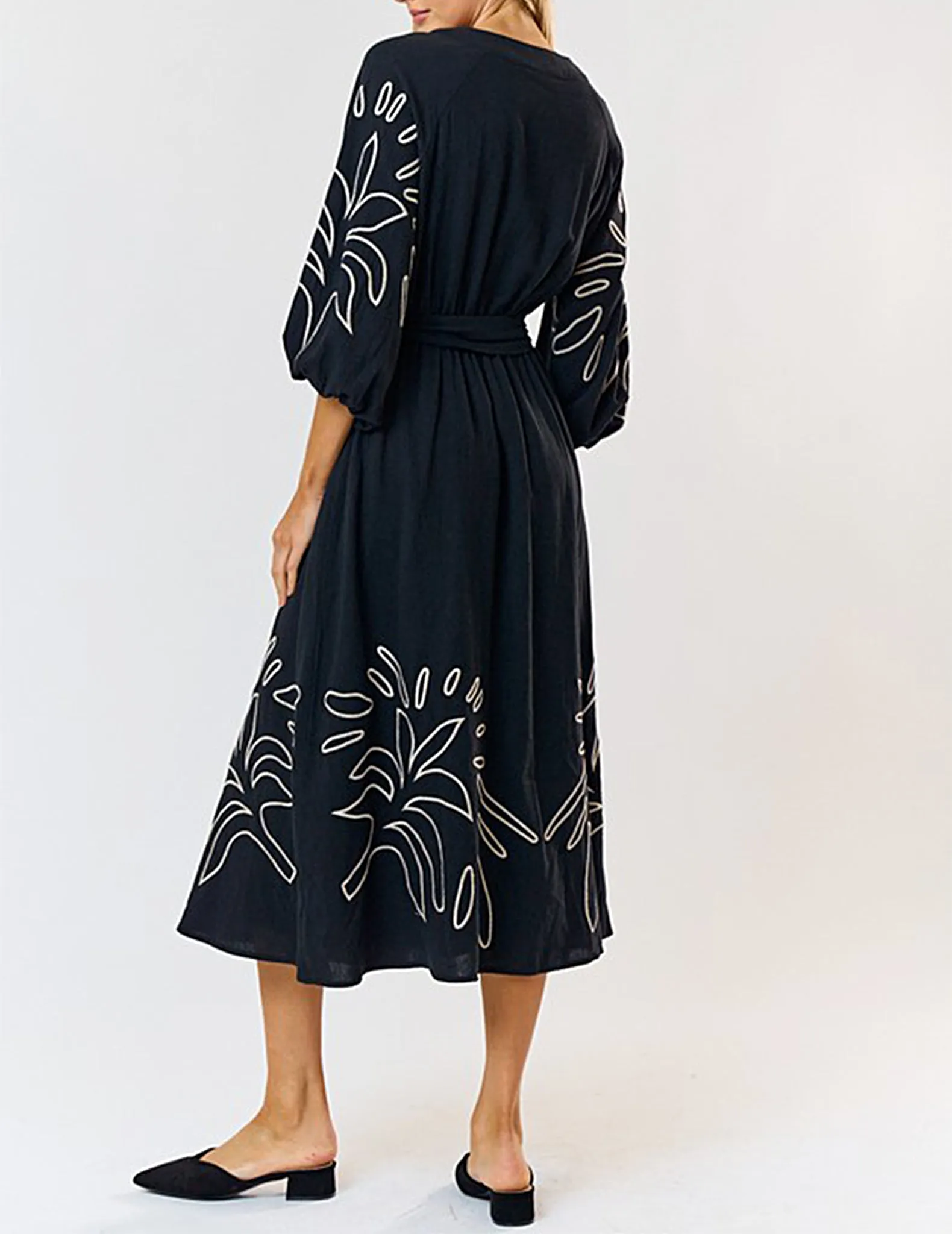 Lucia Embroidered Black Midi Dress