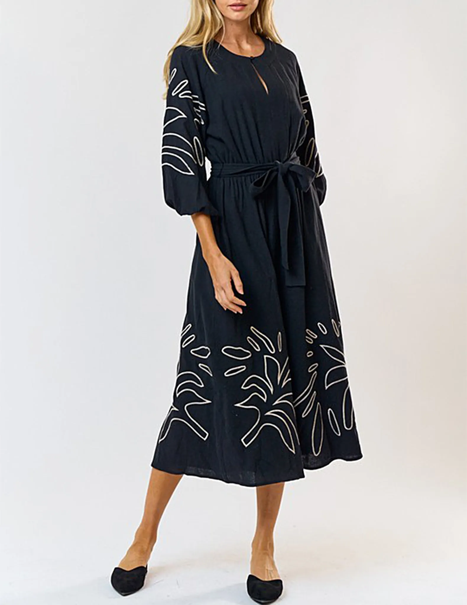 Lucia Embroidered Black Midi Dress