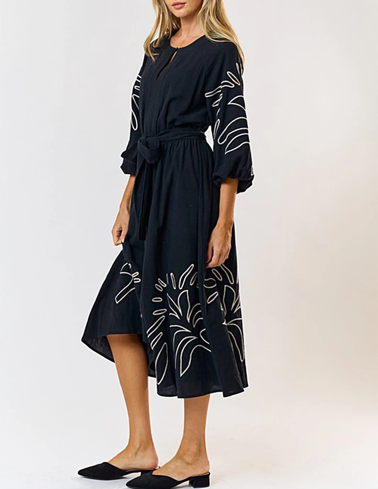 Lucia Embroidered Black Midi Dress