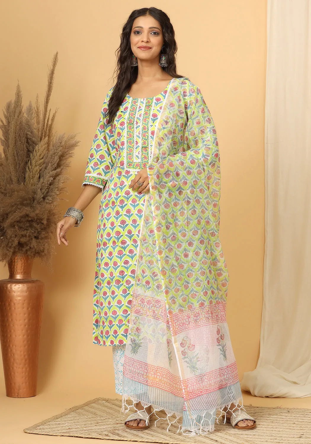 Naghma - Hand Block Print Cotton Suit Set With Pure Kota Doria Dupatta