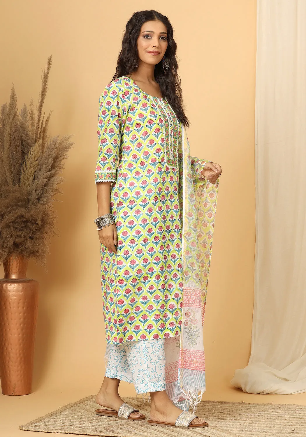 Naghma - Hand Block Print Cotton Suit Set With Pure Kota Doria Dupatta