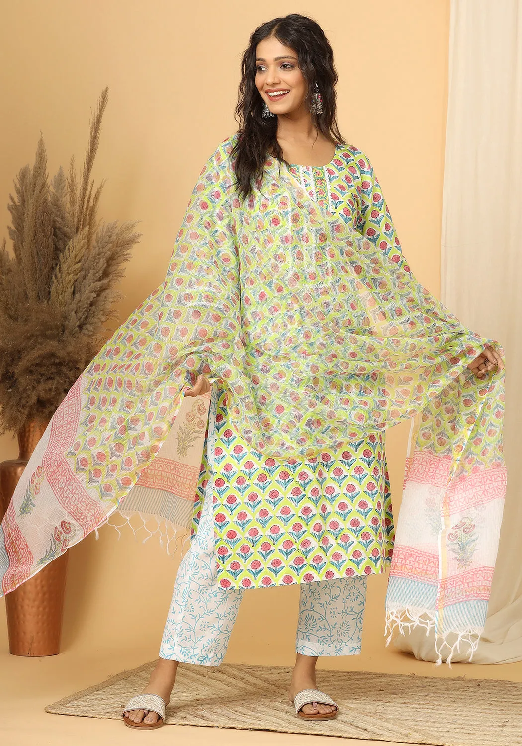 Naghma - Hand Block Print Cotton Suit Set With Pure Kota Doria Dupatta