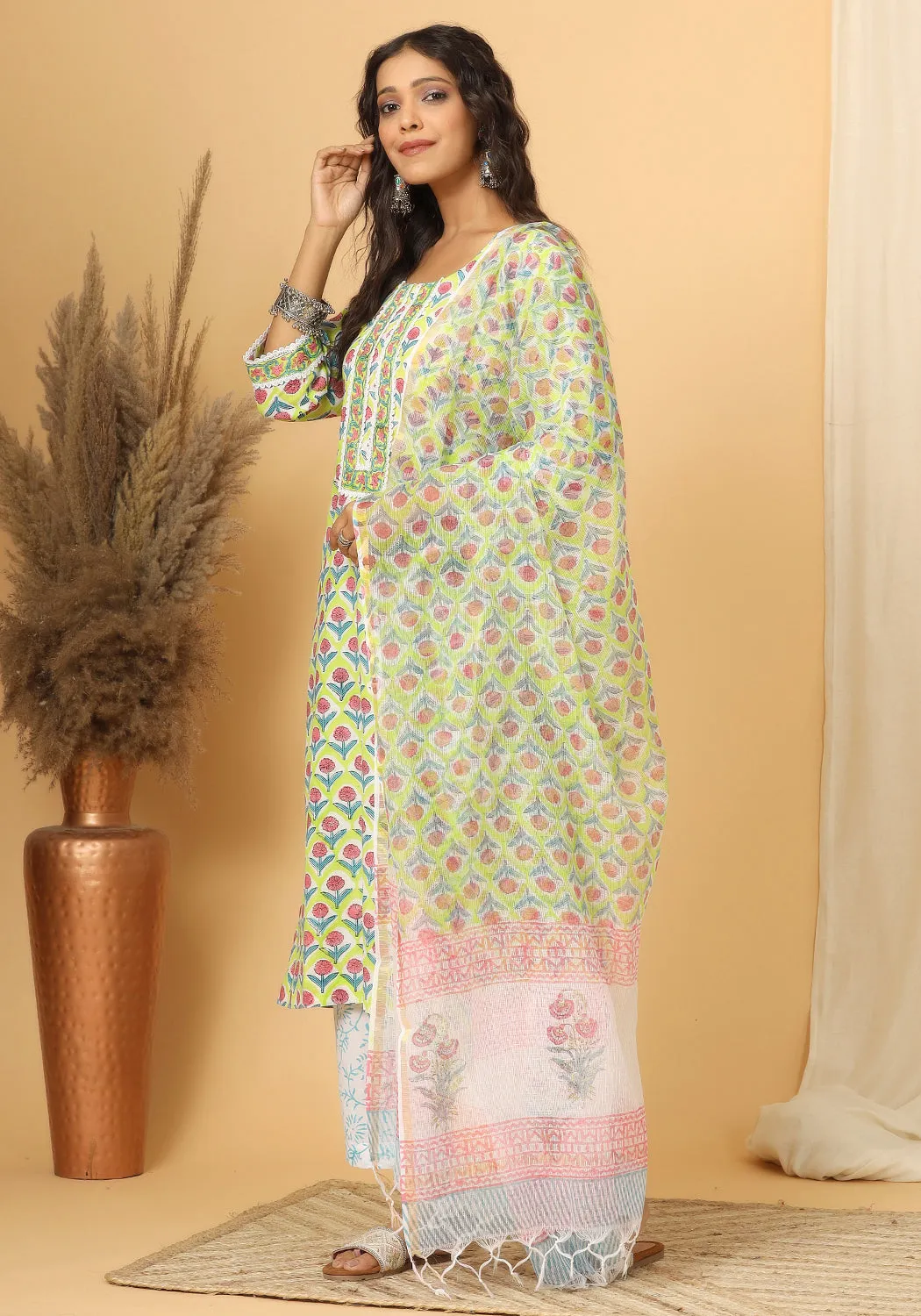 Naghma - Hand Block Print Cotton Suit Set With Pure Kota Doria Dupatta