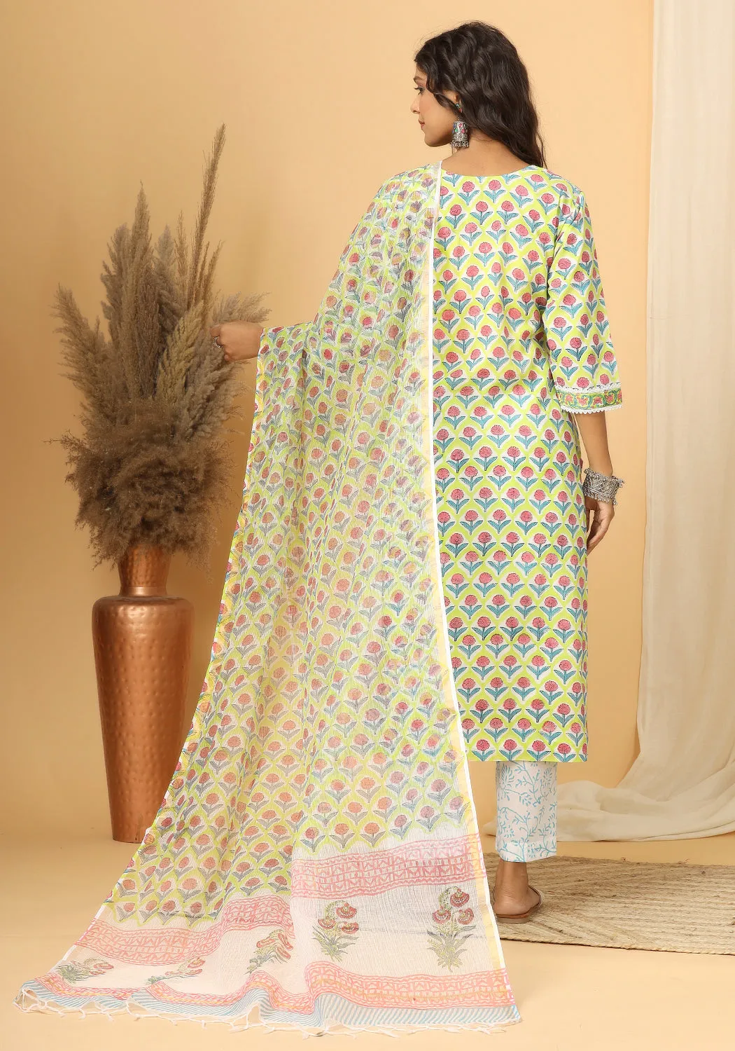 Naghma - Hand Block Print Cotton Suit Set With Pure Kota Doria Dupatta