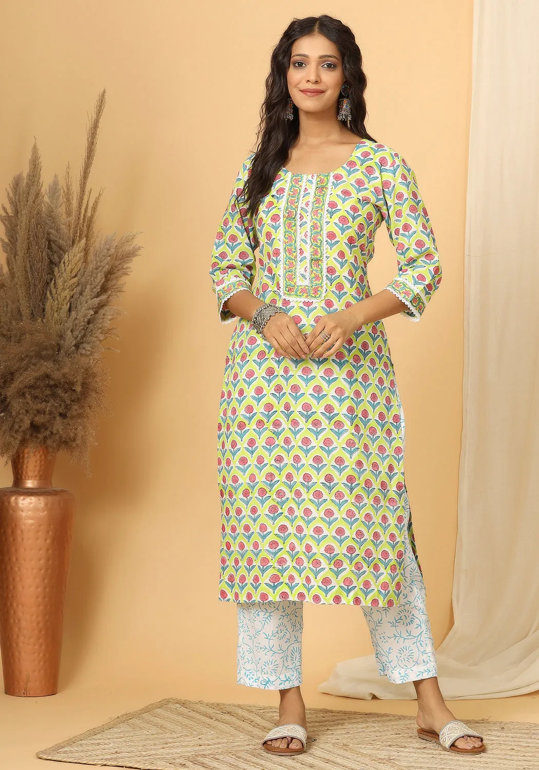 Naghma - Hand Block Print Cotton Suit Set With Pure Kota Doria Dupatta