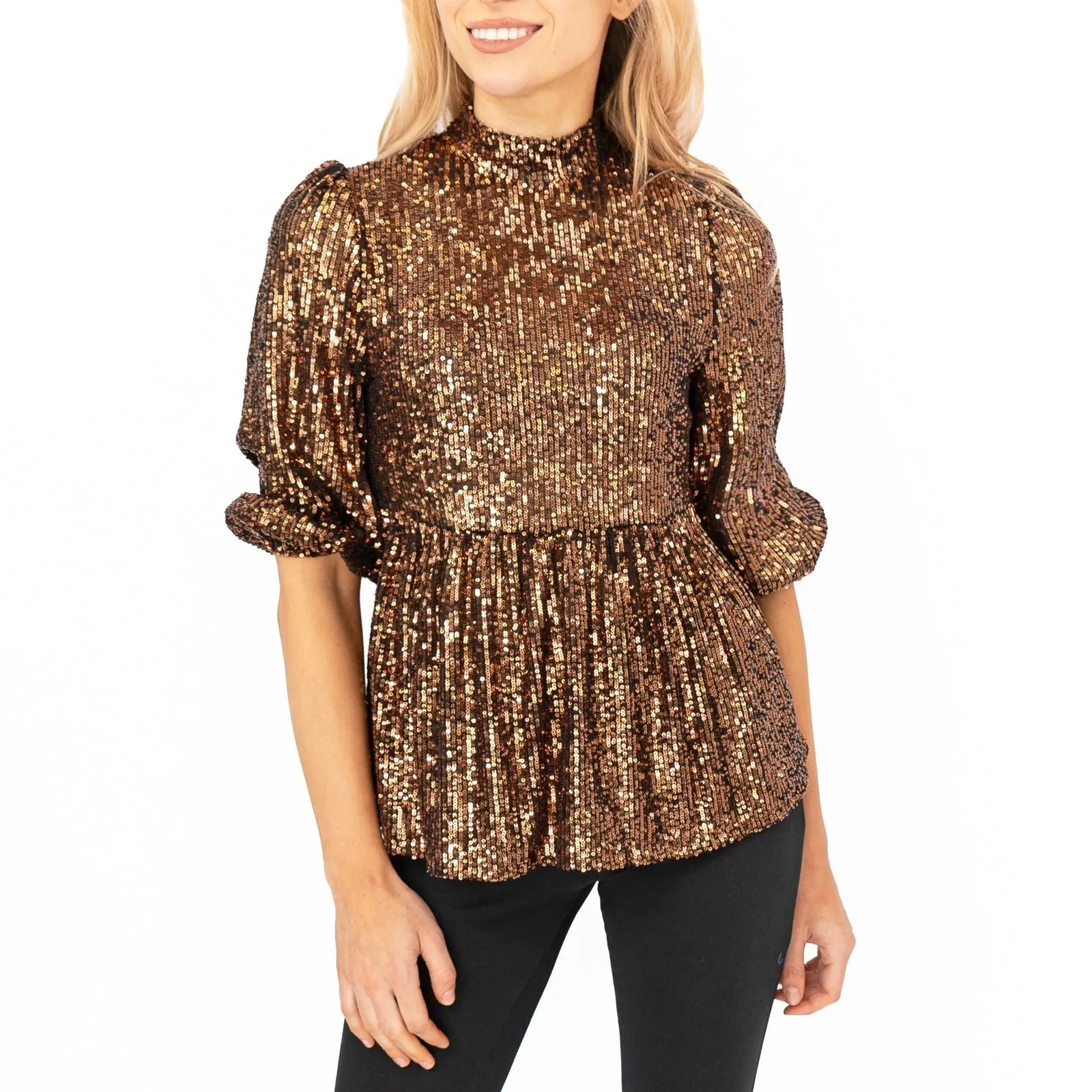 New Look Gold Copper Peplum 3/4 Sleeve Sparkly Sequin Tops