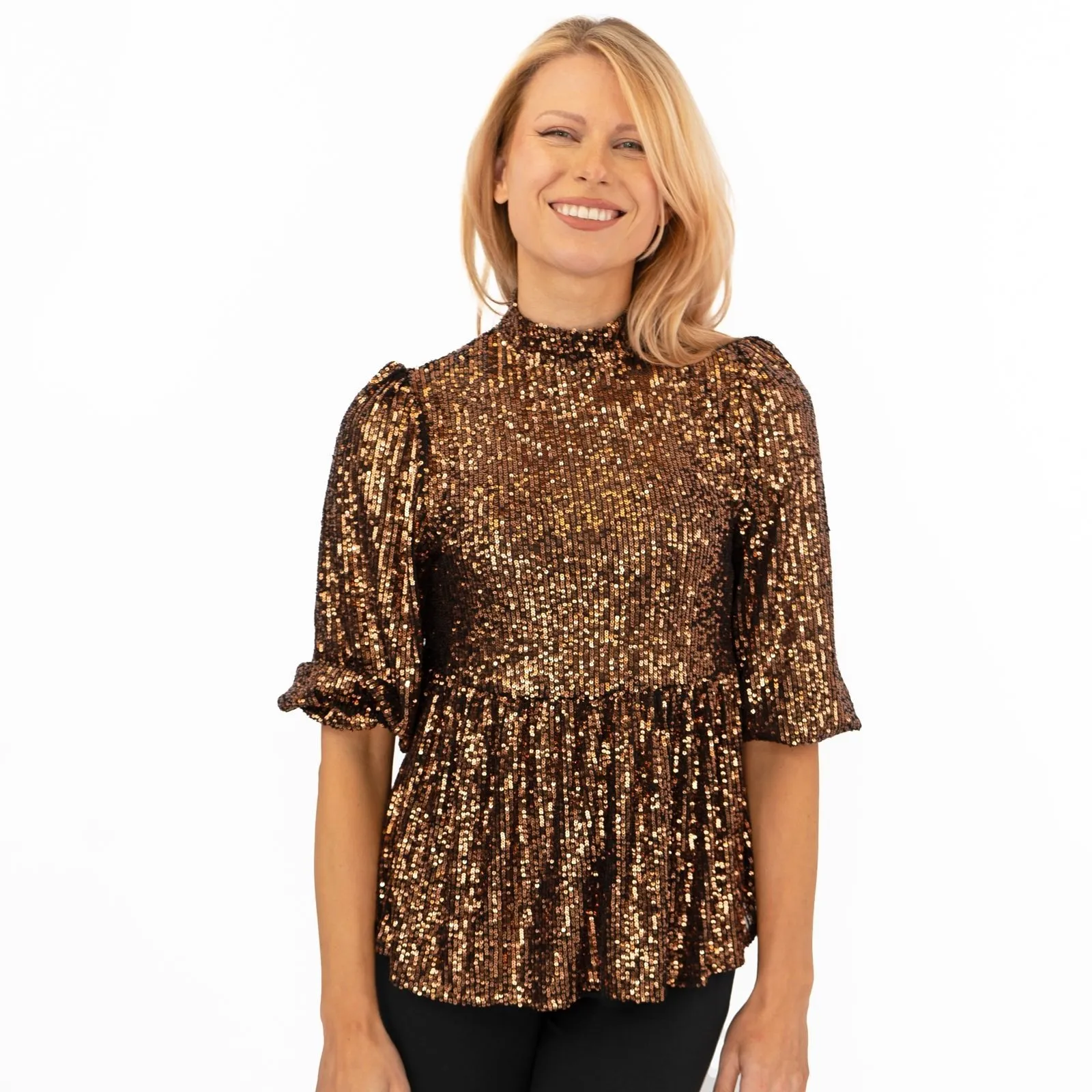 New Look Gold Copper Peplum 3/4 Sleeve Sparkly Sequin Tops