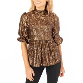 New Look Gold Copper Peplum 3/4 Sleeve Sparkly Sequin Tops