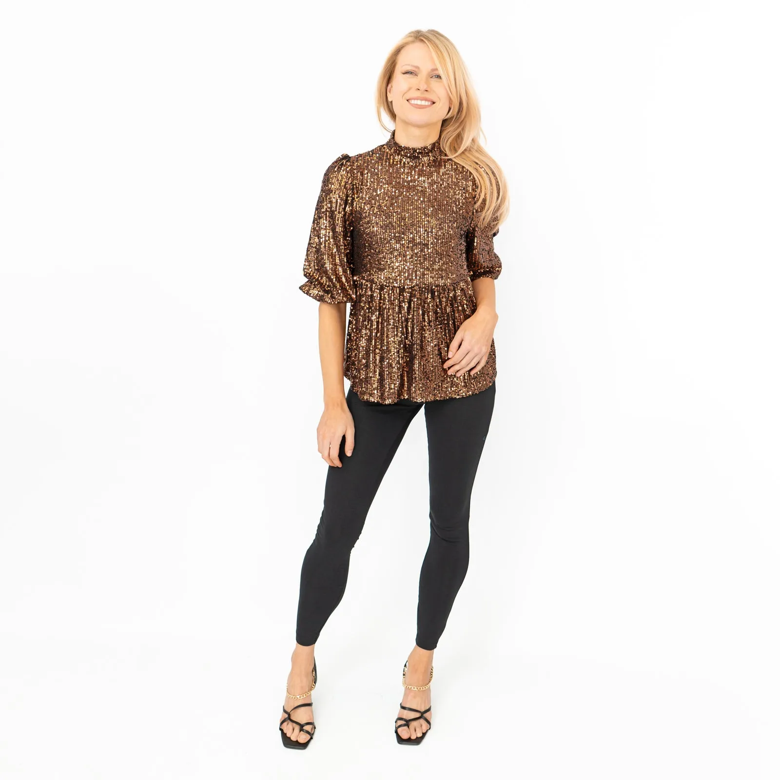 New Look Gold Copper Peplum 3/4 Sleeve Sparkly Sequin Tops