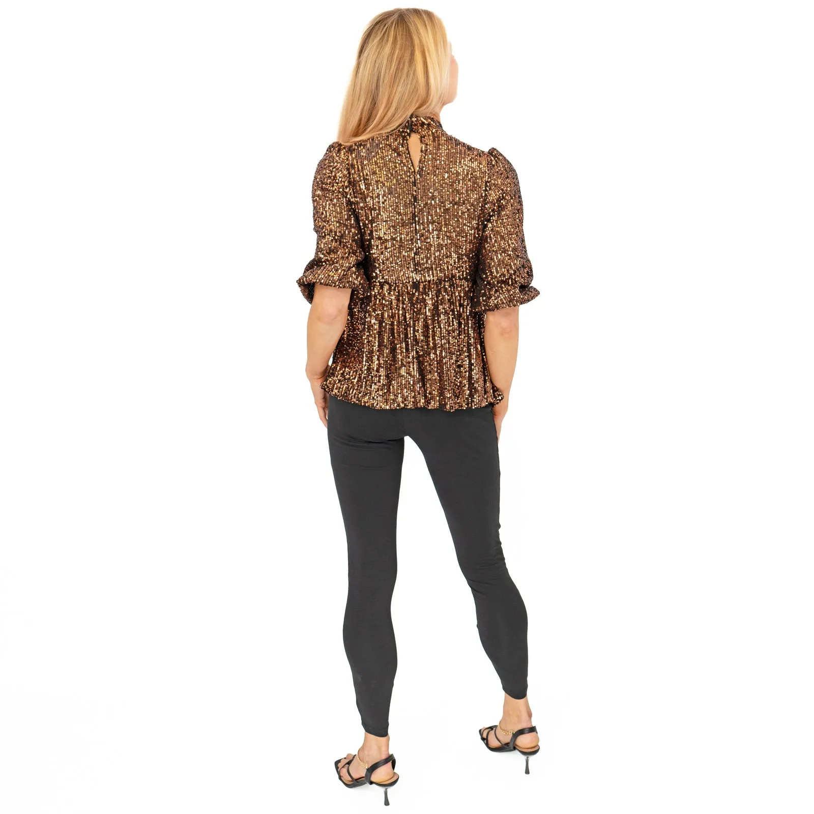 New Look Gold Copper Peplum 3/4 Sleeve Sparkly Sequin Tops