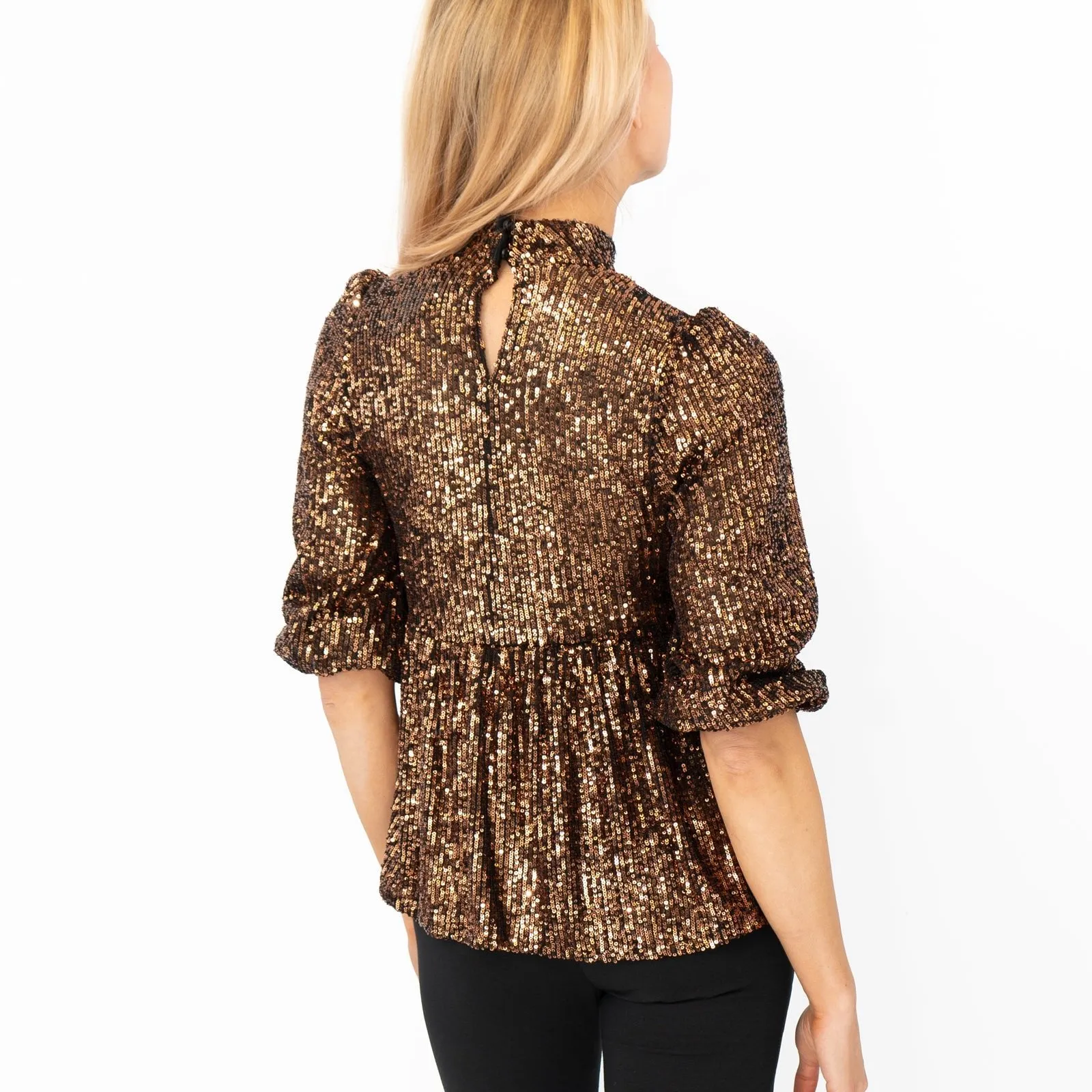 New Look Gold Copper Peplum 3/4 Sleeve Sparkly Sequin Tops