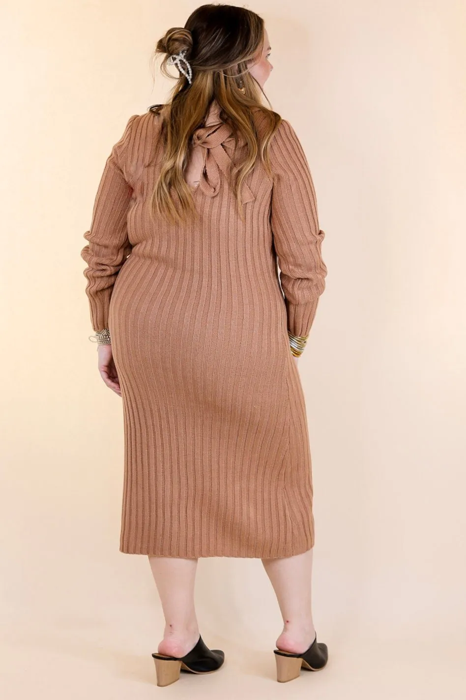 Pumpkin Spice Weather V Neck Midi Sweater Dress in Clay Nude