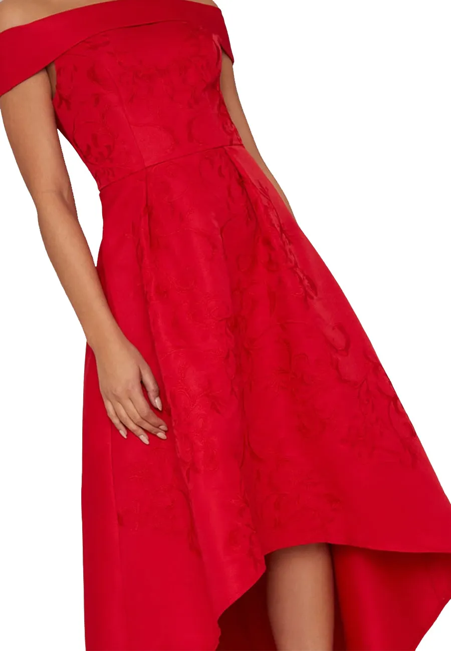 Red Heloise Jacquard Off Shoulder High Low Midi Dress