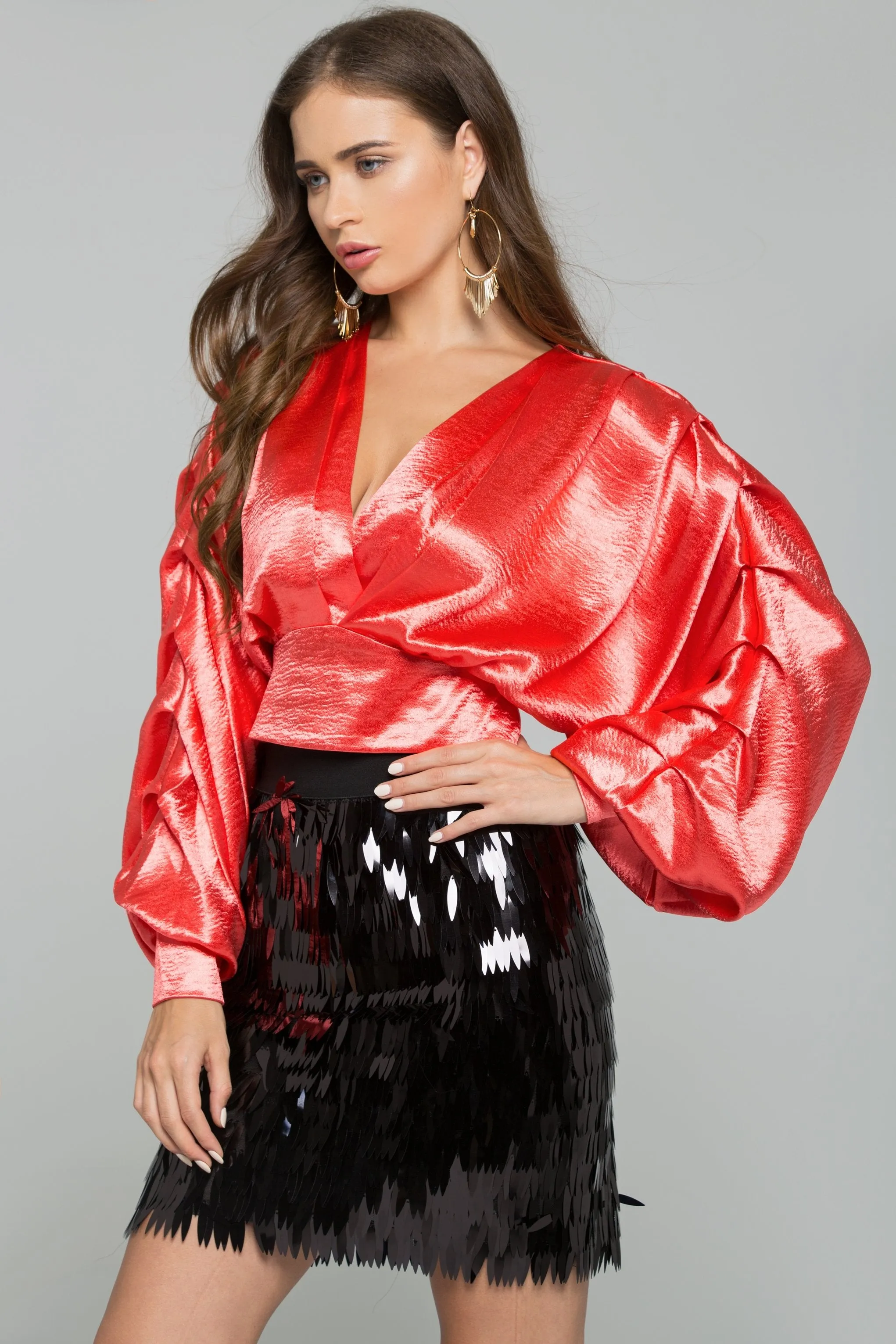 Red Satin Pleated Long Sleeves Top