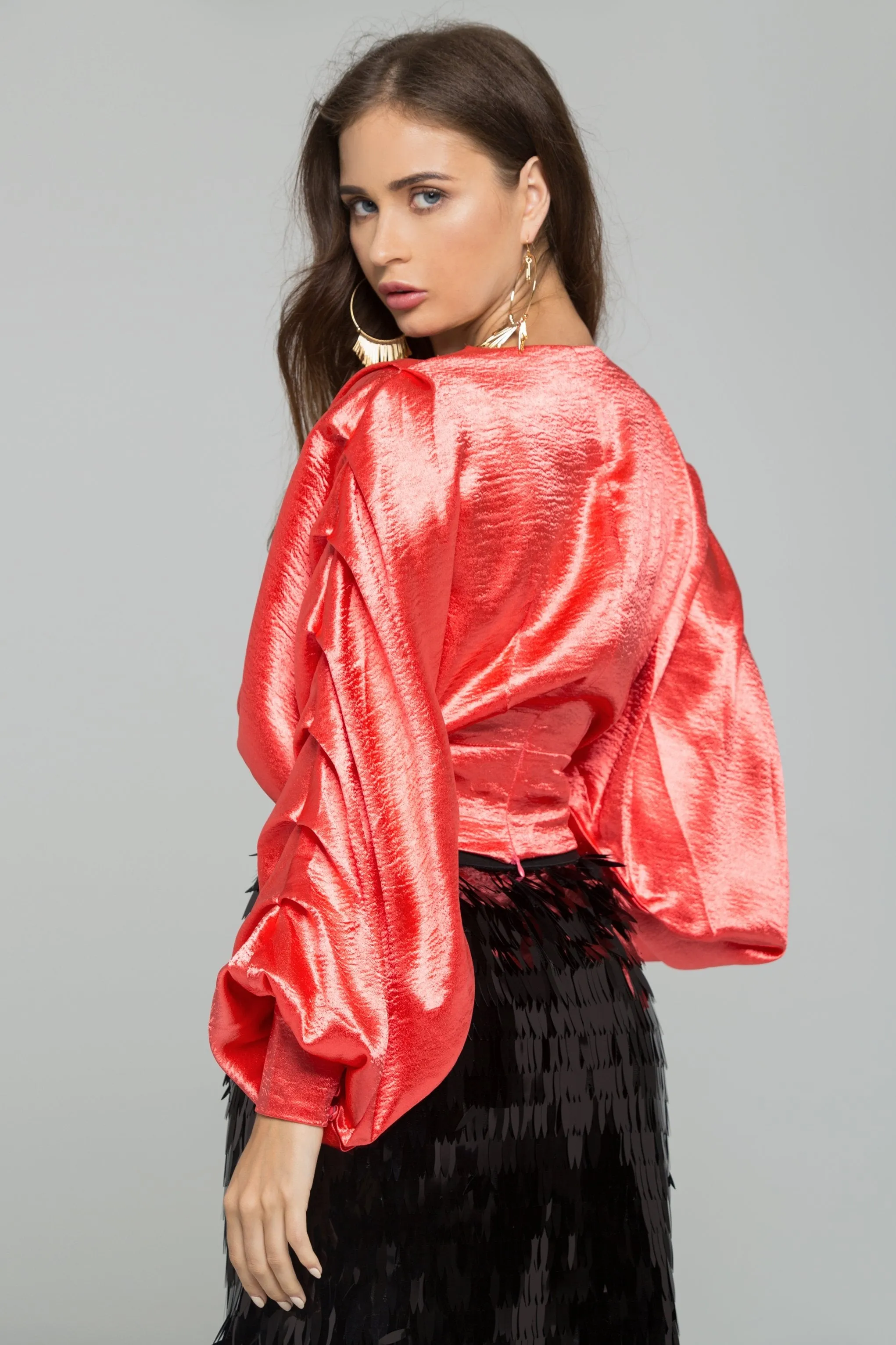 Red Satin Pleated Long Sleeves Top