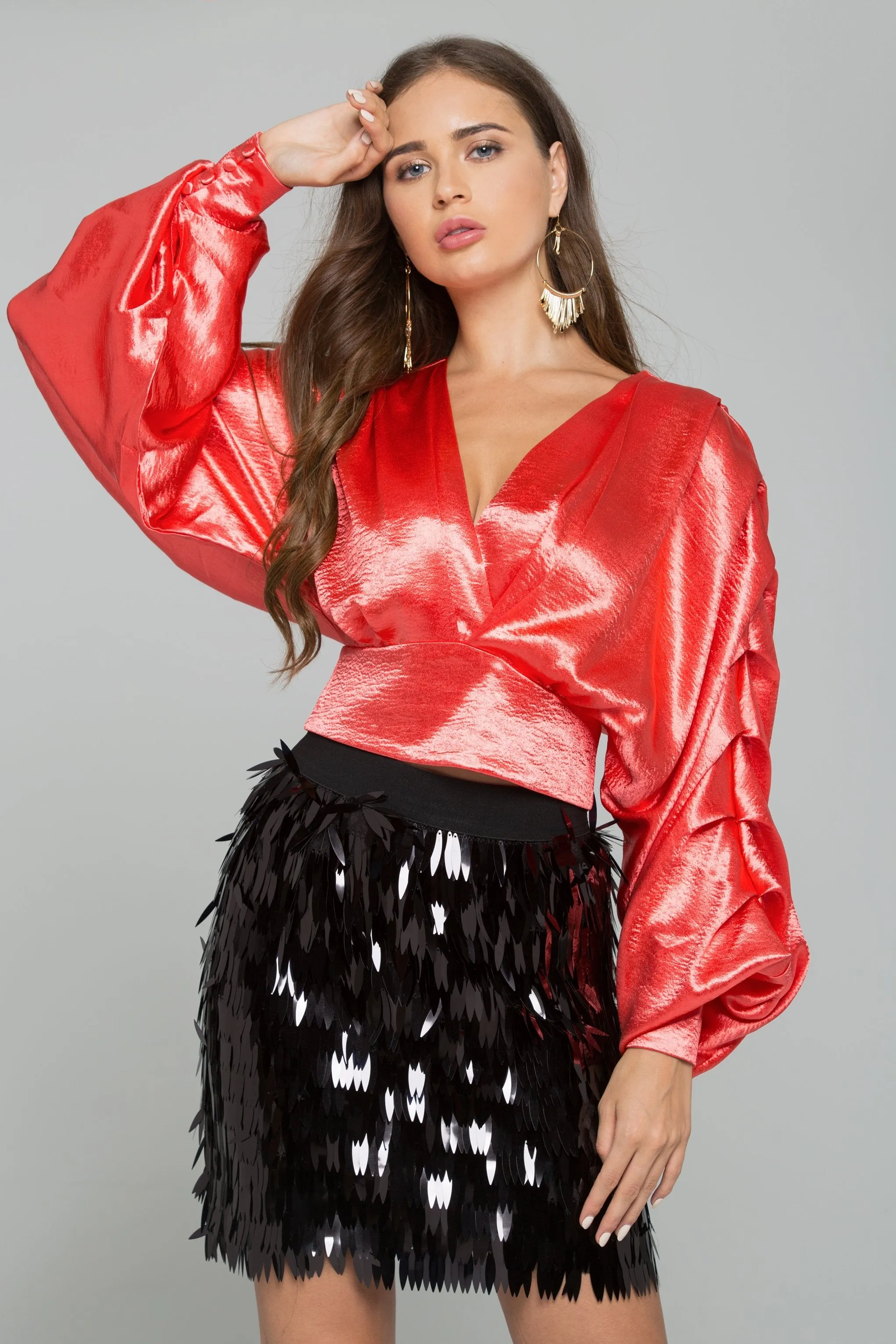 Red Satin Pleated Long Sleeves Top