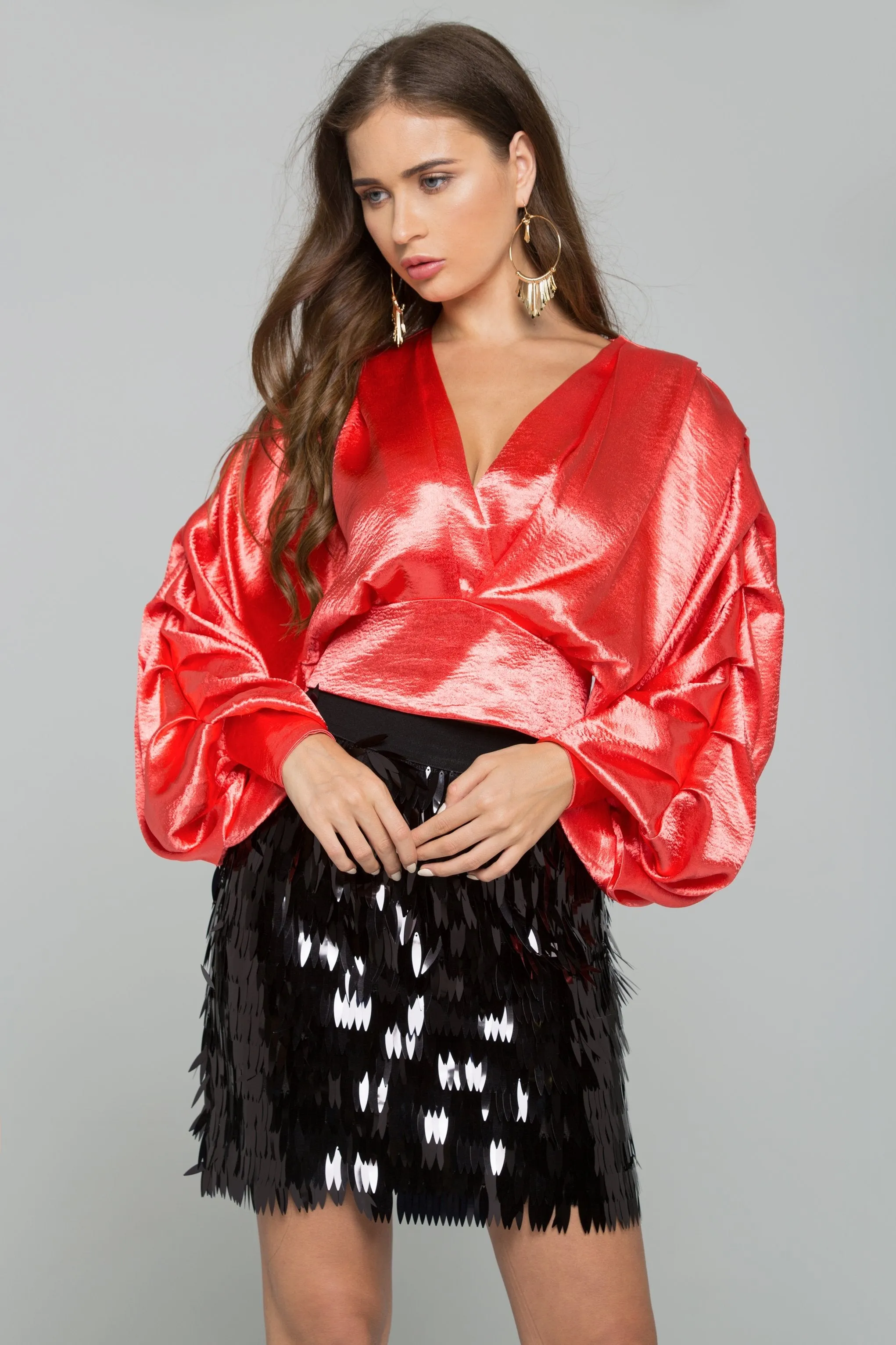 Red Satin Pleated Long Sleeves Top