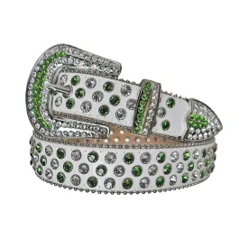 Rhinestone Green and Diamond Belt With White Textured Strap