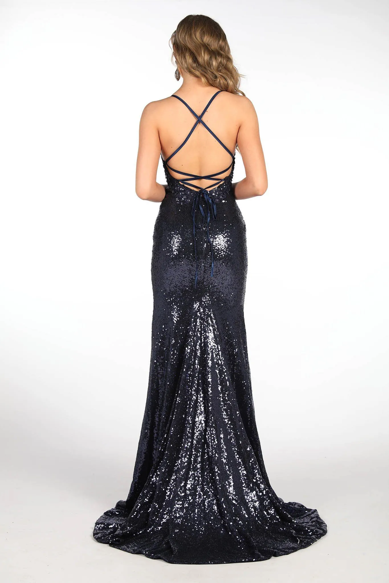 ROSIE LUXE Lace Up Back (No Slit) Sequin Gown - Navy