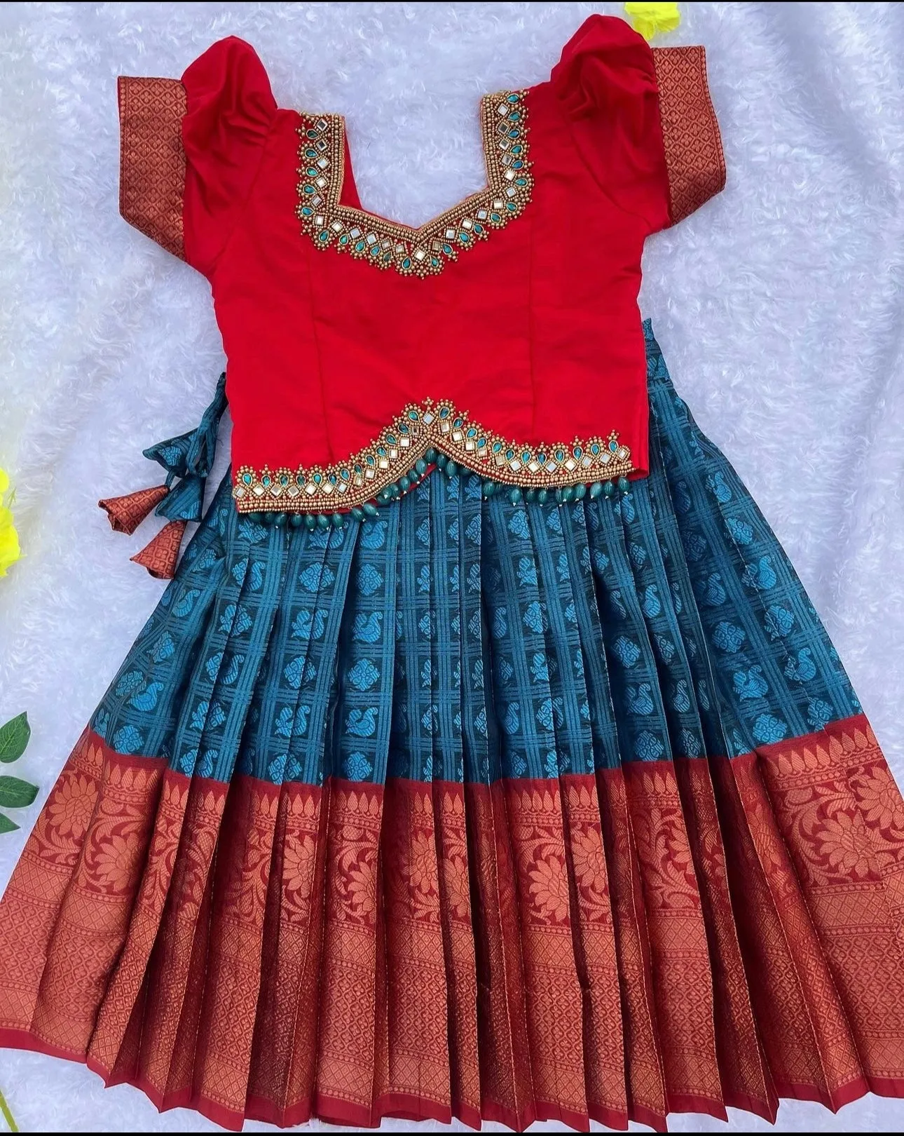 “Royal Harmony: Peacock Blue Skirt with Red Top”