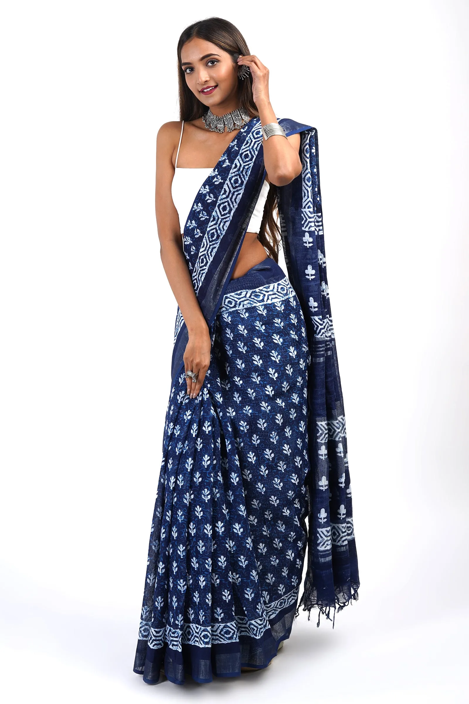 Teejh Bahaar Dark Blue Block Print Linen Saree With Blouse Piece