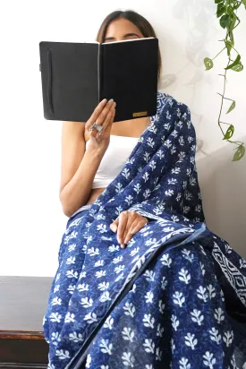 Teejh Bahaar Dark Blue Block Print Linen Saree With Blouse Piece