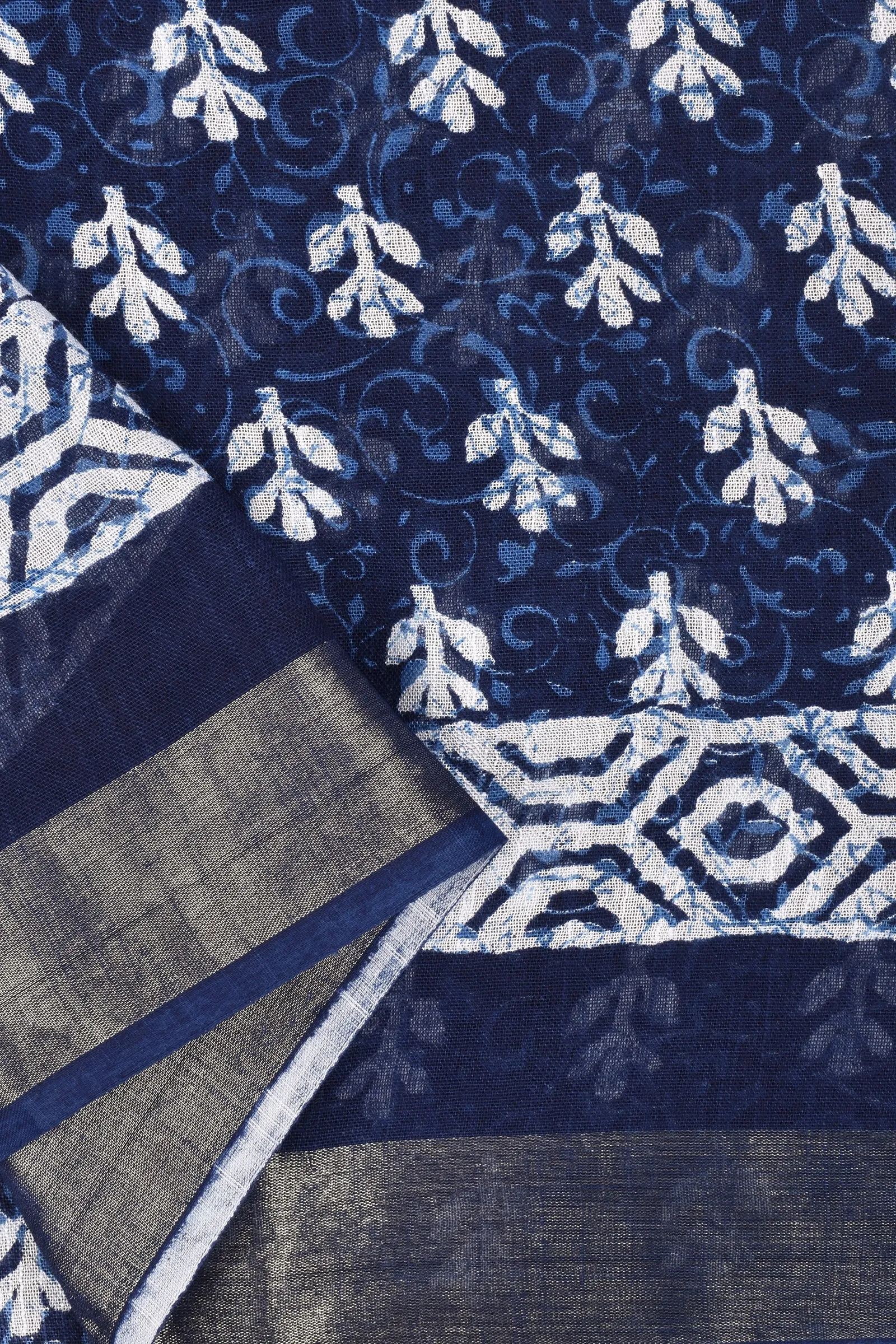 Teejh Bahaar Dark Blue Block Print Linen Saree With Blouse Piece