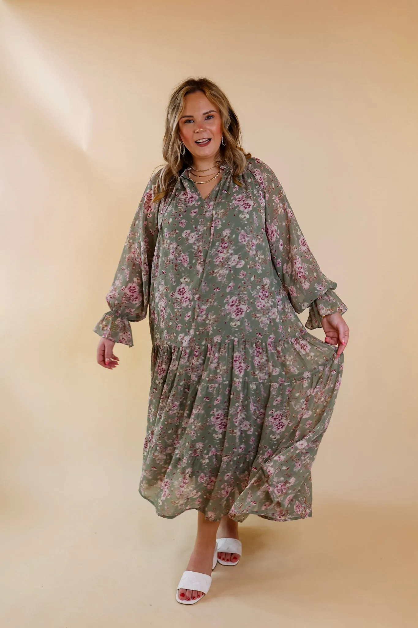 Tuscan Nights Long Sleeve High Neck Floral Midi Dress in Sage