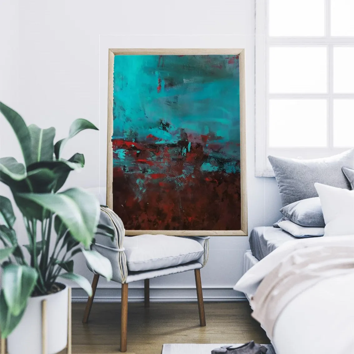 Vertical blue & red abstract wall art print