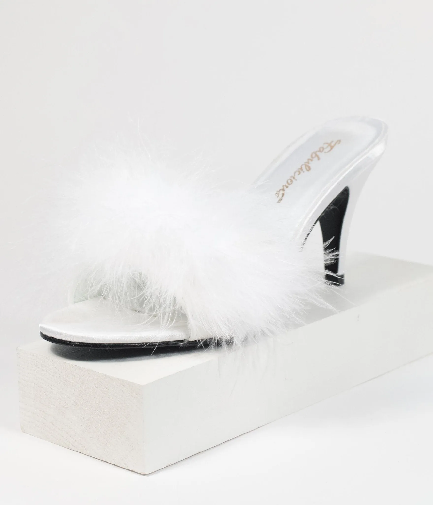 White Marabou Feather Peep Toe Slipper Heel